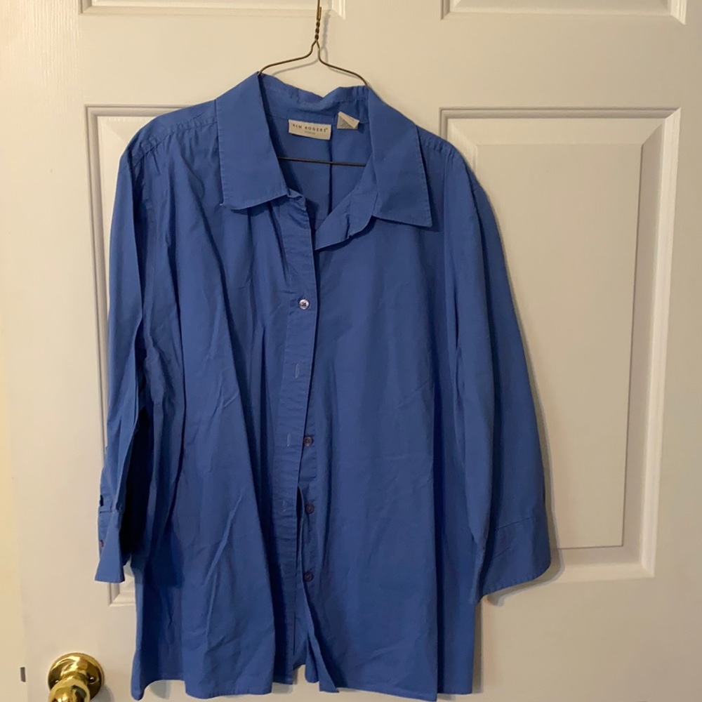 Kim Rogers 1X blue button front 3/4 sleeves blouse